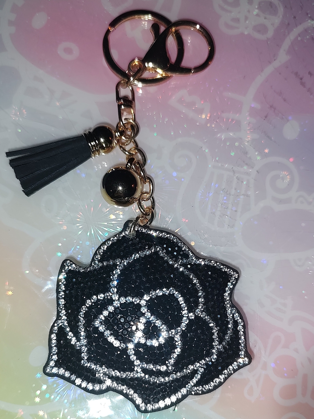 New! Rhinestone Black Rose Keychain Charm - Gold Hardware